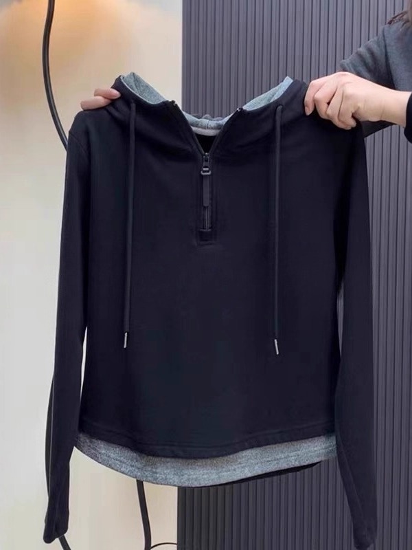 Plus-Size Fat Girl Pure Cotton Half-Zip Hooded Fake Two-Piece Sweatshirt for Women, Autumn Slimming Casual Versatile Long-Sleeve Top