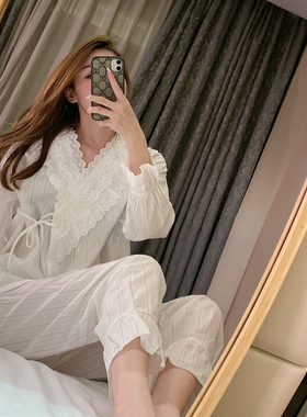 日系可爱睡衣女宫廷风复古白色性感全棉蕾丝花边公主很仙的家居服