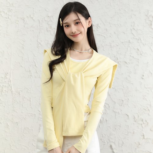 LENNEA黄色假两件长袖T恤女慵懒风撞色叠穿两件套上衣服针织衫
