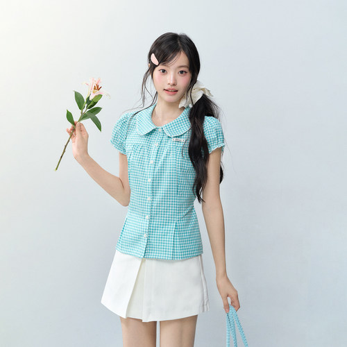 LENNEA湖蓝格子短袖衬衫女夏季日系设计感小众复古格纹娃娃领上衣