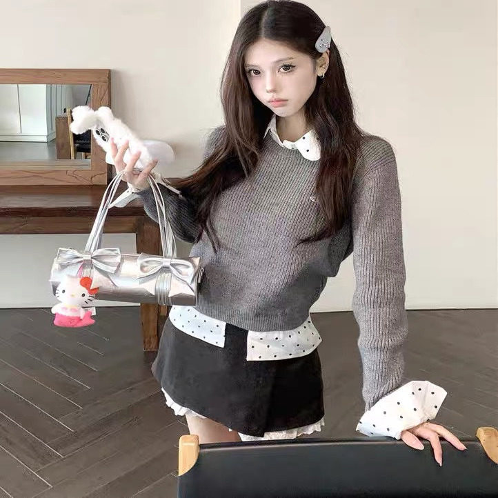 LENNEA波点拼接假两件套头针织衫毛衣秋冬宽松甜美慵懒风软糯上衣