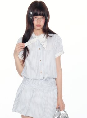 LENNEA蓝色条纹短袖连衣裙收腰a字短裙子夏季新款宽松显瘦百搭女