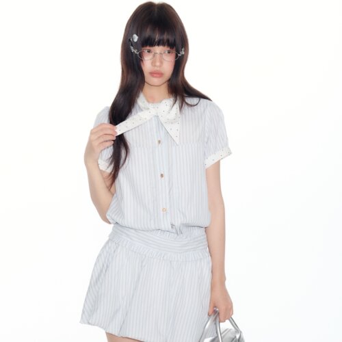 LENNEA蓝色条纹短袖连衣裙收腰a字短裙子夏季新款宽松显瘦百搭女