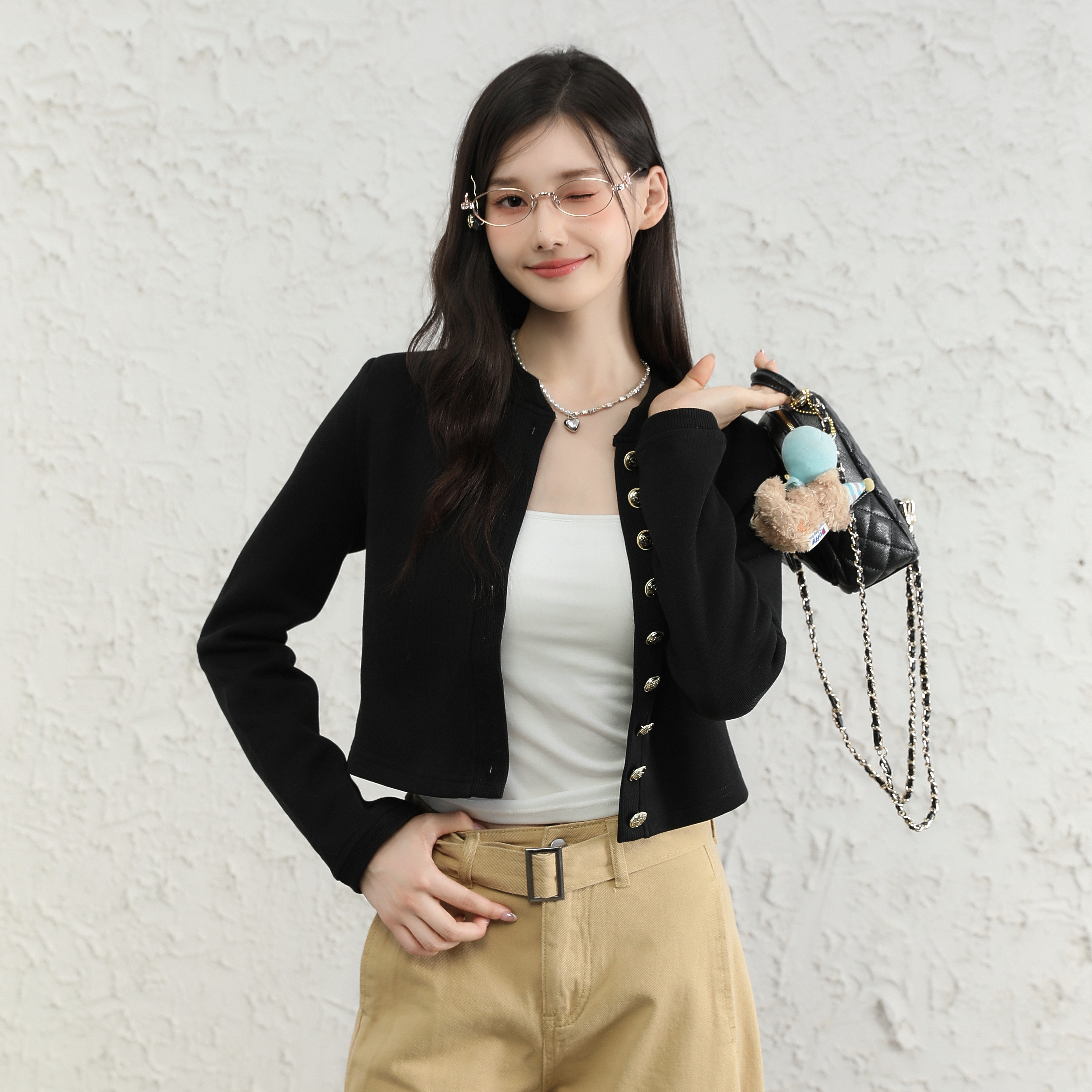 LENNEA黑色小香风外套女短款长袖针织开衫气质高级感排扣外套上衣图片