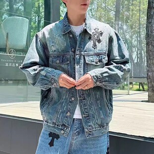 小众做旧水洗破洞重磅蓝色牛仔外套十字架潮牌情侣工装大码夹克男