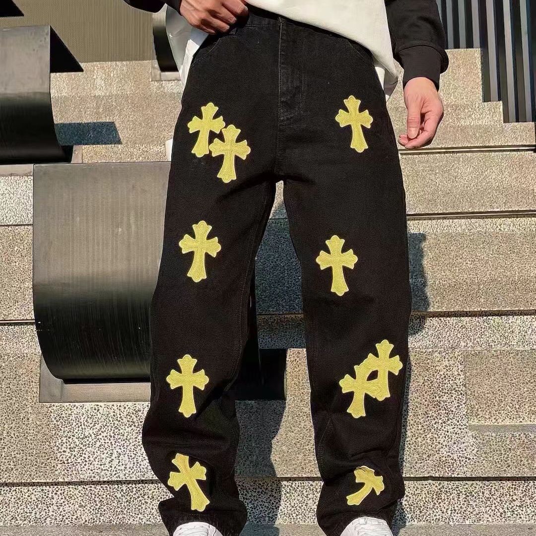 十字架刺绣贴皮牛仔裤男女同款