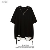 oversize暗黑系项链破洞短袖 打底衫 T恤男 潮牌做旧假两件长袖 春季