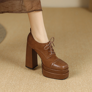 软面皮全皮防水台粗跟系带高跟鞋女春秋真皮韩版方头12cm增高单鞋