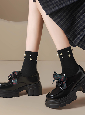 黑色小皮鞋女2025年新款春秋蝴蝶结深口单鞋女鞋子粗跟厚底乐福鞋