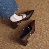 绝美单鞋 女2025年新款 春秋尖头浅口粗高跟时尚 真皮法式 通勤小皮鞋