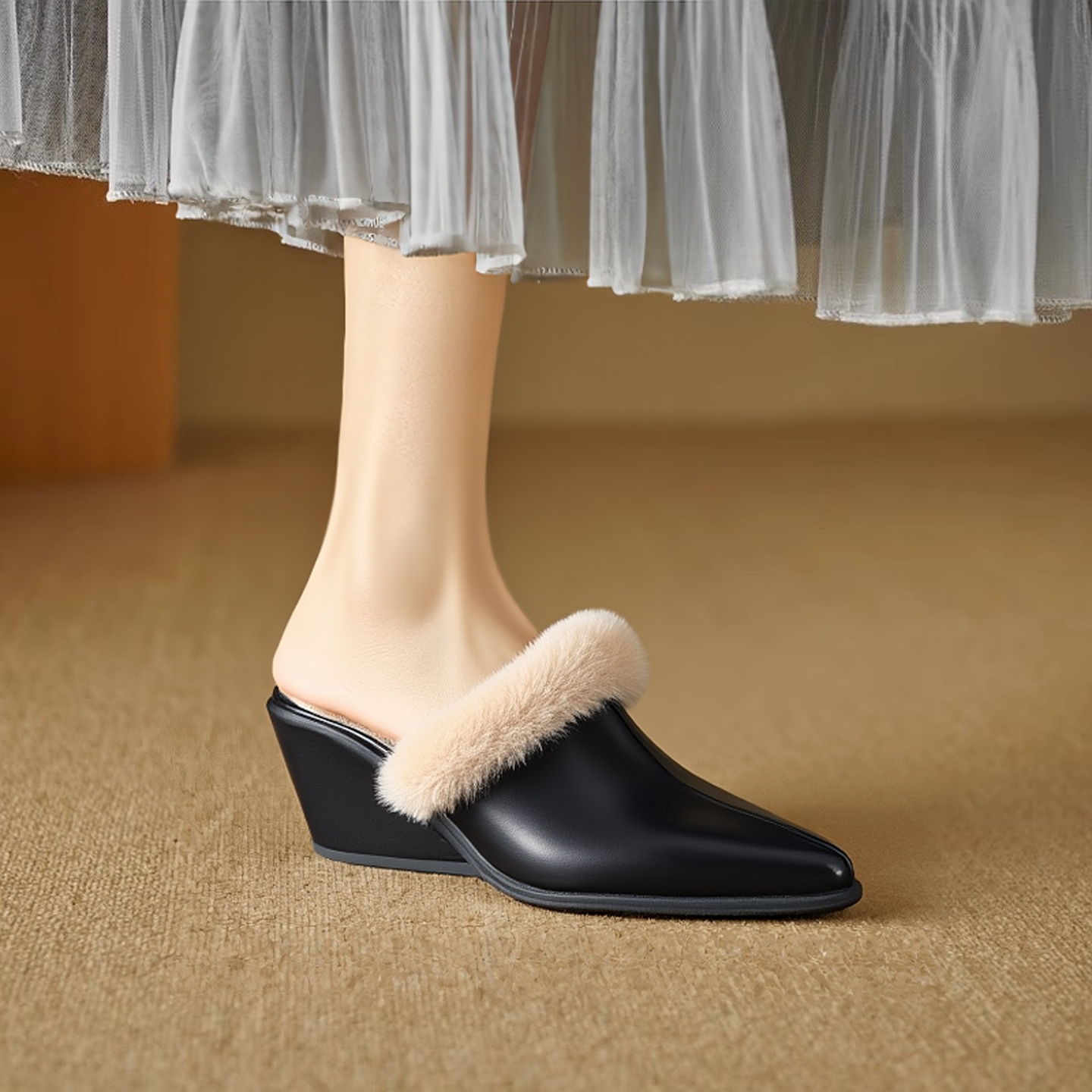 高品质毛毛拖鞋女高跟包头半拖鞋