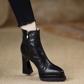 粗跟黑色尖头时装 10cm防水台高跟短靴女2025年秋冬新款 真皮时尚 靴