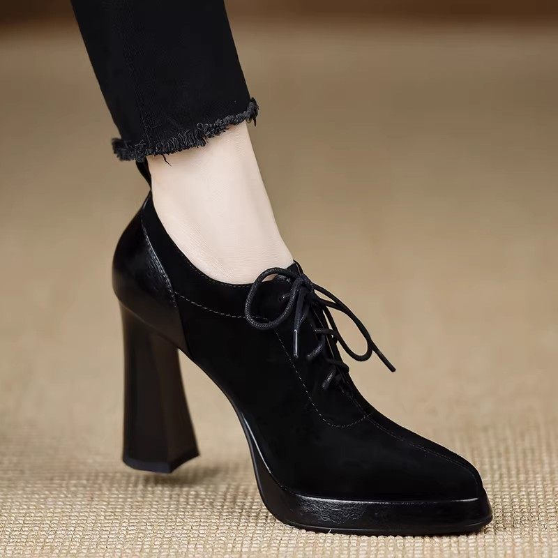 10cm高跟单鞋女2025年秋冬新款粗跟尖头防水台新款系带真皮黑色女,女鞋,深口单鞋,淘宝优惠券,粉丝福利购,淘宝优惠卷