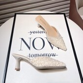 女中跟外穿包头半拖鞋 仙女风亮片布面尖头细跟凉拖鞋 新款 2025夏季