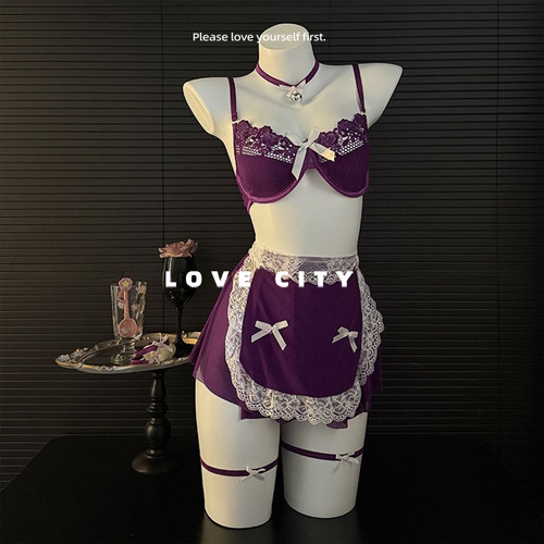LOVECITY「芋泥夹心」性感网纱透视带钢圈文胸短裙少女仆套装