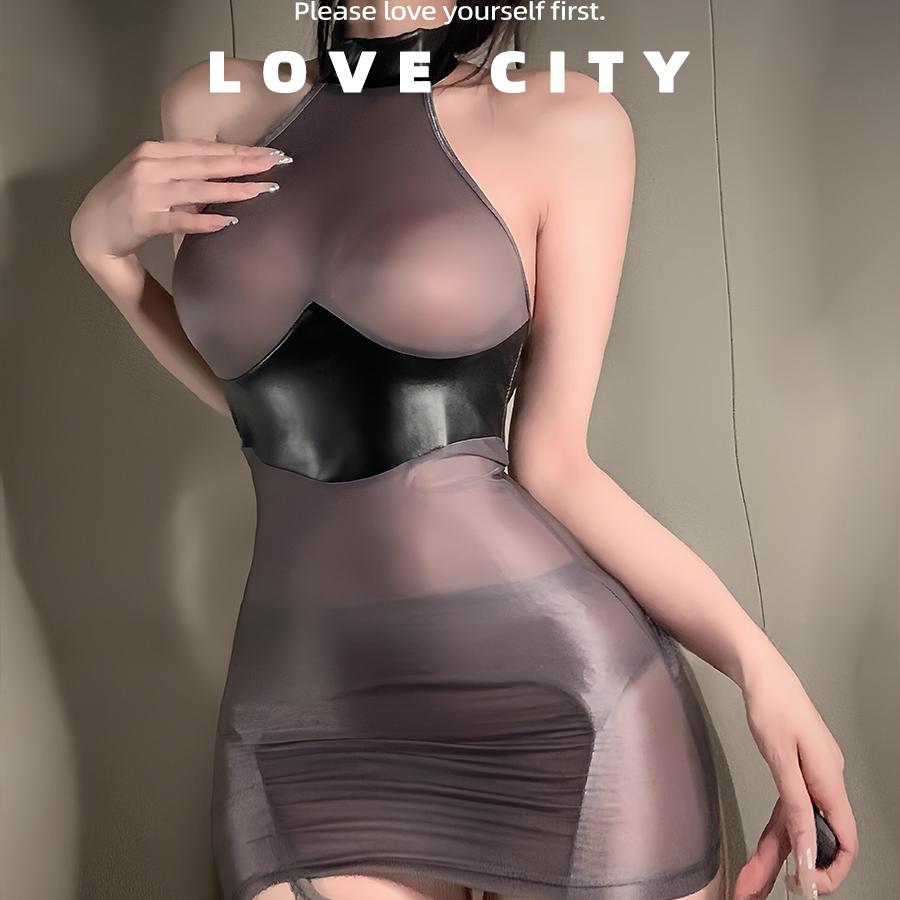LOVECITY「禁欲特工」大码珠光油亮薄纱包臀睡裙小胸性感辣妹内衣