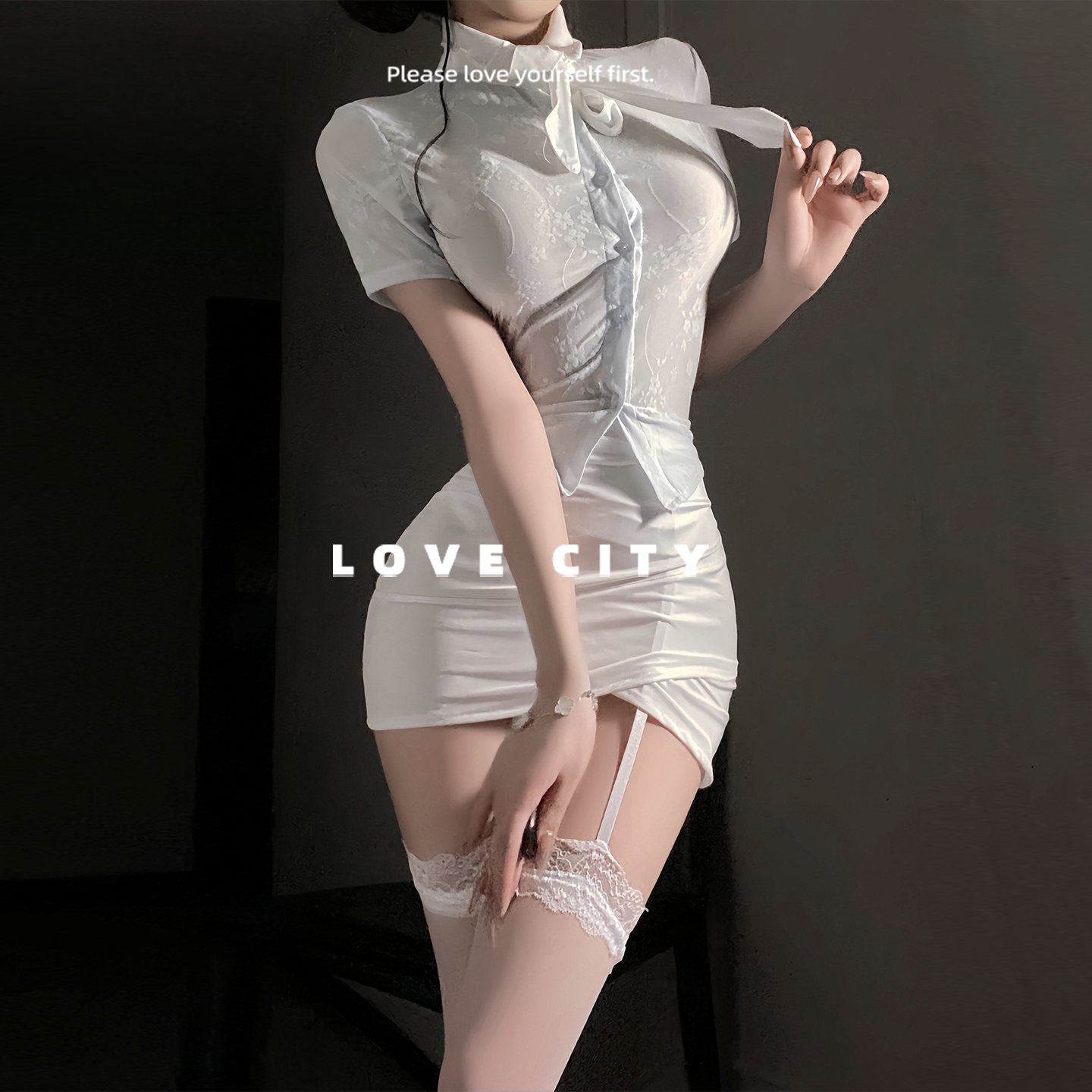 LOVECITY「梨花带雨」时尚韩风透肤秘书套装性感包臀超短裙制服