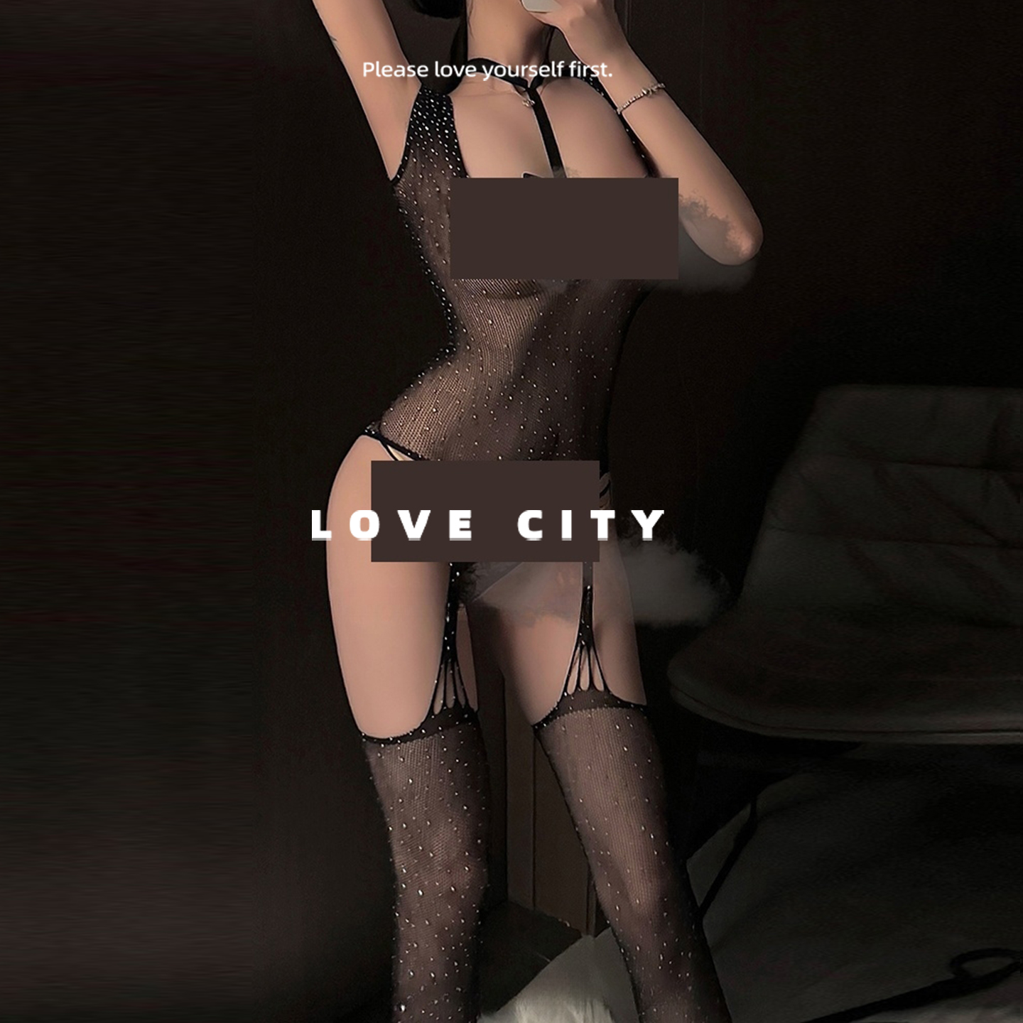 LOVECITY「月光缪斯」性感挂脖吊带一体烫钻连身袜连体网衣