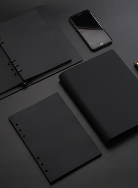 手账本黑色简约a5记事本pu皮活页笔记本黑卡纸内页笔记本