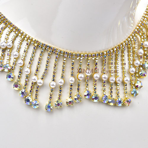 金底AB彩水钻珍珠波浪流苏链