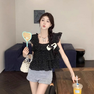 设计感短款 女夏季 法式 t恤上衣 无袖 碎花娃娃衫 黑色方领小飞袖 衬衫
