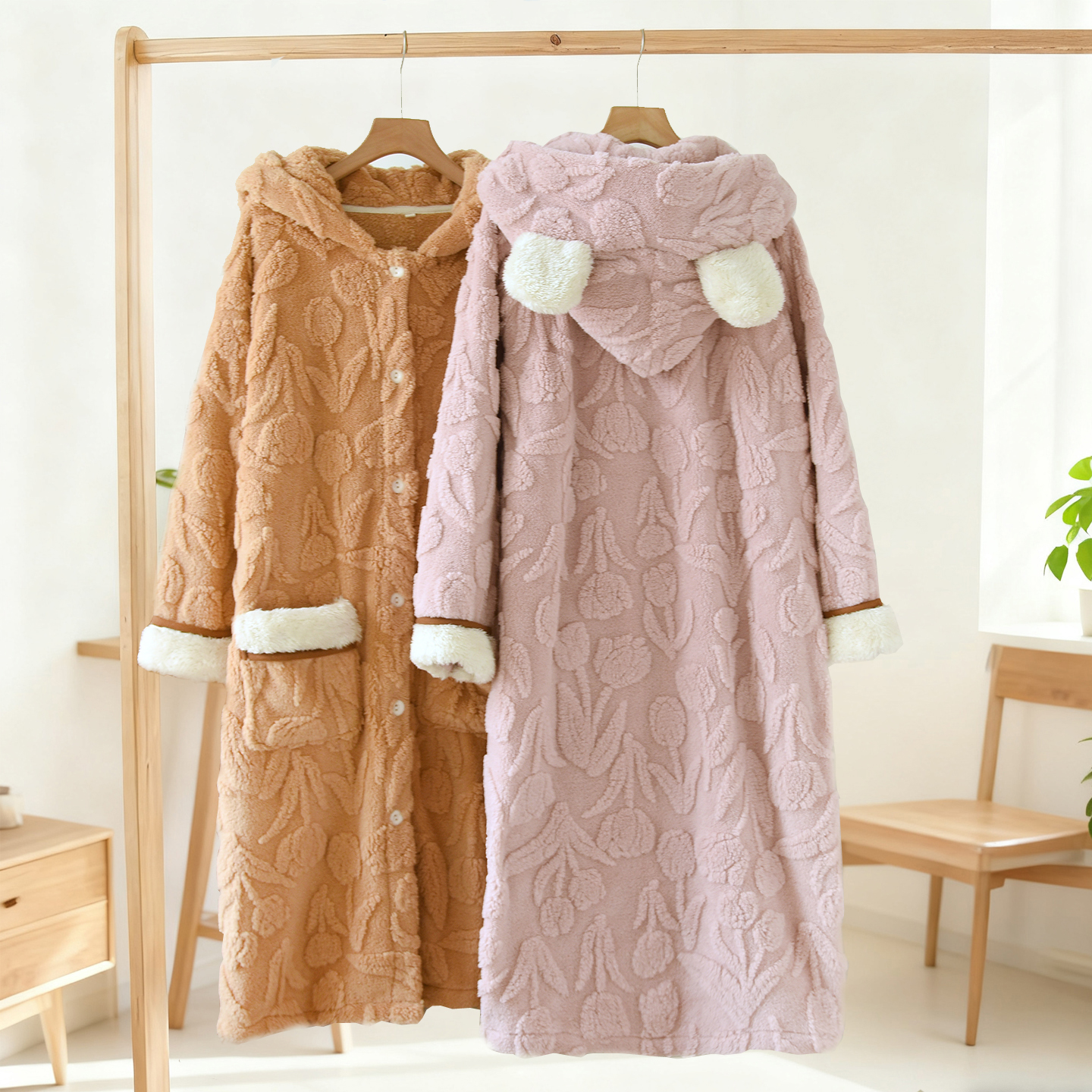 珊瑚绒加厚绒法兰绒宽松睡衣浴袍