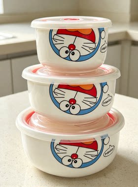 卡通哆啦A梦猫陶瓷保鲜碗三件套 密封带盖饭盒冰箱储物保鲜碗