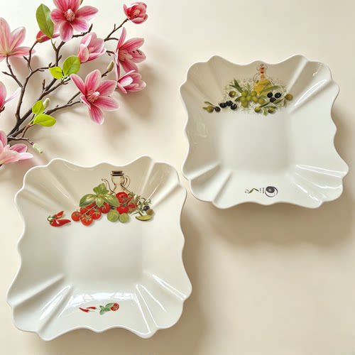 欧式波浪花边陶瓷方盘意式橄榄番茄印花西餐盘沙拉水果点心摆盘