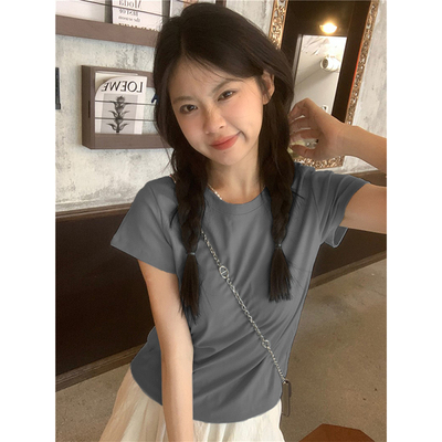 夏季洋气减龄纯棉短袖t恤女正肩2025新款修身显瘦设计感小众上衣