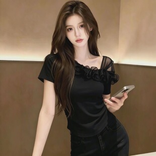 纯欲风斜肩网纱T恤女荷叶边露肩夏季上衣设计感小众修身显瘦短袖