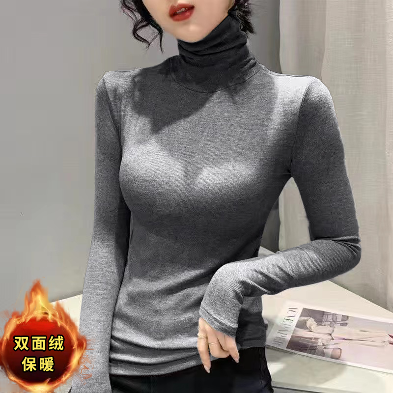 双面绒保暖高领打底衫女秋冬季防风护颈堆堆领德绒加厚长袖上衣潮