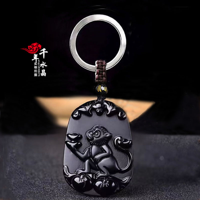 天然黑曜石生肖猴吊坠