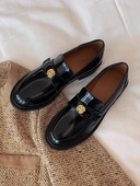 法式 真皮金币隐形内增高黑色小皮鞋 厚底山茶花乐福鞋 女2024春新款