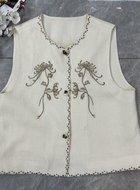 布谷-26年夏上新菊花刺绣亚麻米白色带细闪提花马甲YS2-G109