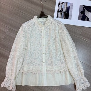 G322 YS277 MOM漫重工蕾丝刺绣拼接百褶下摆花瓣立领长袖 小衫