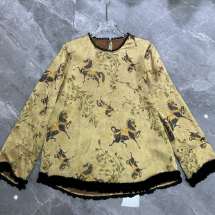 MOM26年早春人丝提花拼真丝丝绒木耳边小衫 G405 YS75