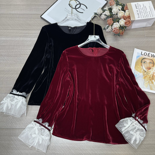 含100真丝 蕾丝拼接小衫 X50191 复古丝绒圆领长袖 MOM上新法式