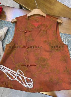 布谷冬上新新中式植物提花圆领盘扣宽松马甲YS3-t062