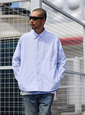 Quentin Marx日系纯棉男士假两件条纹衬衫长袖衬衣宽松休闲潮牌秋