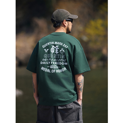 QuentinMarx日系重磅男士短袖t恤2026新款户外纯棉宽松休闲大码夏