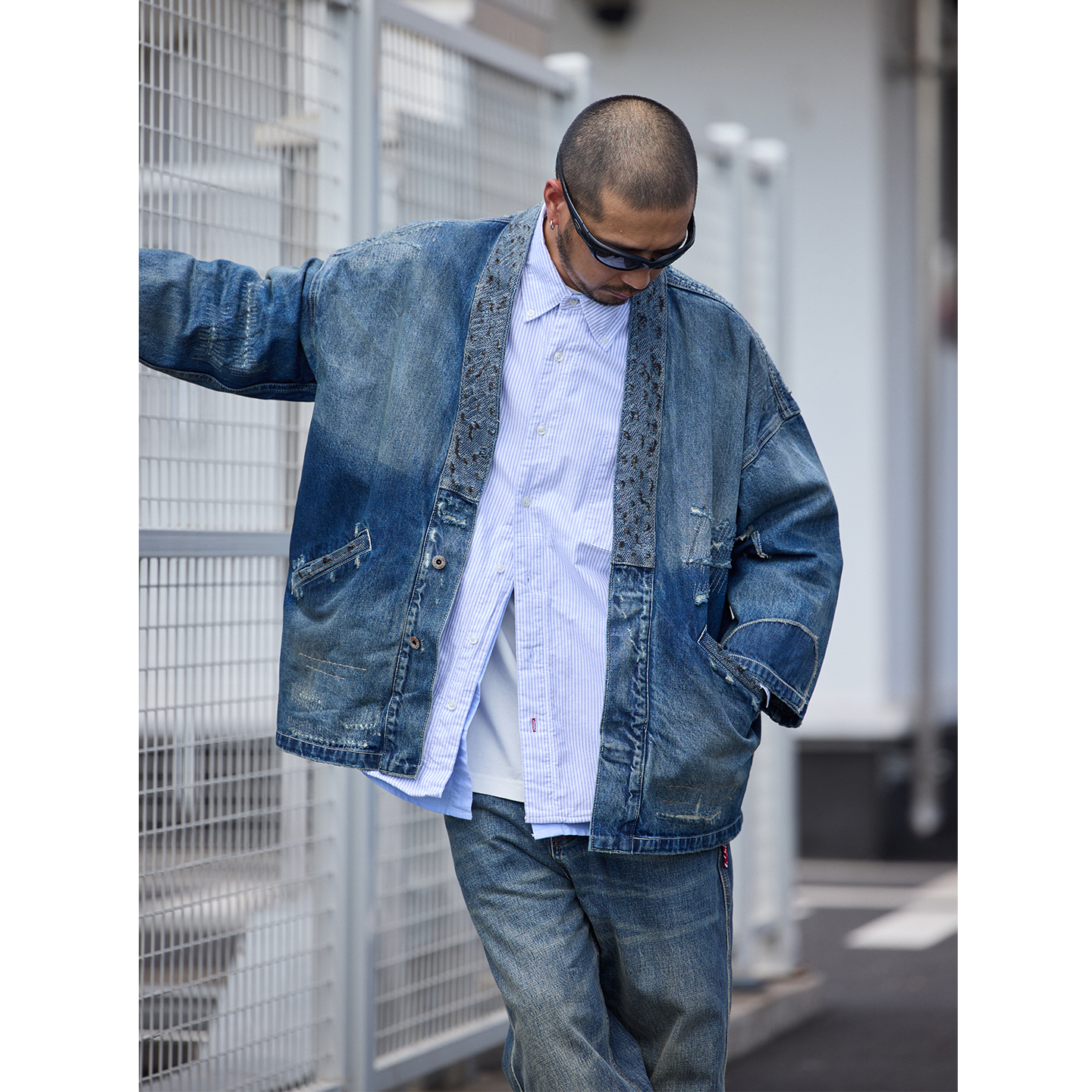 Quentin Marx日系复古男士牛仔外套水洗做旧宽松休闲道袍潮牌秋季