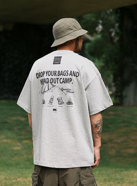 Quentin Marx日系男士320g重磅短袖T恤宽松休闲纯棉户外露营潮夏