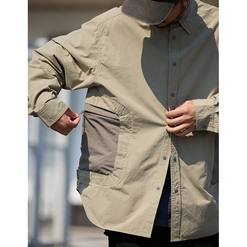 Quentin Marx日系撞色男士长袖衬衫宽松休闲潮牌秋季工装衬衣外套