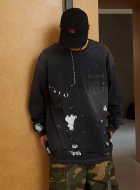 Quentin Marx日系泼墨破洞男士长袖两件套纯棉T恤水洗宽松潮牌秋