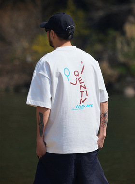 Quentin Marx日系潮牌男士重磅短袖T恤青年男装网球印花纯棉夏季