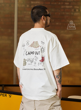 Quentin Marx日系男士重磅短袖T恤宽松休闲纯棉户外露营潮男Tee夏