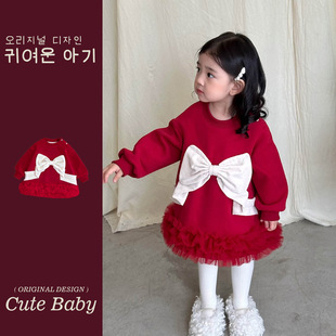 新款女童连衣裙2025秋冬公主风长袖裙子儿童ins风红色卫衣裙