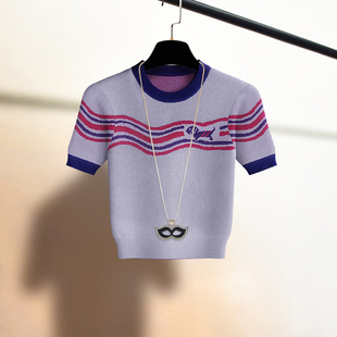 洋气提花高级感短袖针织T恤打底衫显瘦体恤漂亮高腰别致上衣女夏