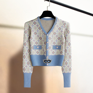 春新品小香风针织开衫女v领高级感提花高腰短款显瘦外搭毛衣外套