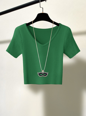 冰丝高腰短款针织T恤小众露脐设计感打底衫白色体恤上法式衣女夏